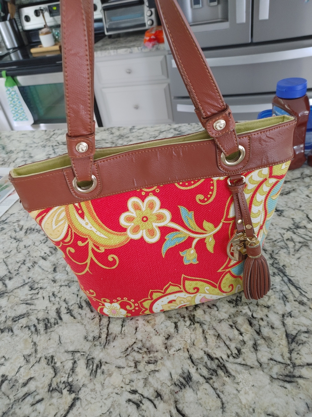 Spartina Red Floral Canvas Tote with Brown Leather Trim